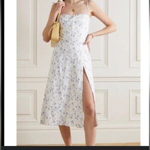 Reformation Joyce White and Blue linen Floral Midi Dress - size 4